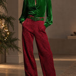 Retro Green Velvet Pleated Long-sleeved Shirt And Houndstooth Wide-leg Pants Set