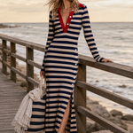 Retro Nautical Navy Striped Polo Collar Long-Sleeve Slit Maxi Dress