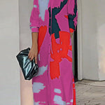 Loose Wrap Buttoned Contrast Color Pockets Printed Split-Side Shirt Dress