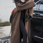 Long Sleeves Loose Pockets Solid Color Tied Waist Notched Collar Cardigan Coats