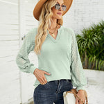 Nadorine V Neck Tops Solid Color Blouse Long Sleeve Pullover Lace Patchwork Shirt