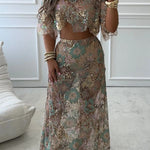 Fashionable Embroidered Flower Sequined Crop Top and Elegant Sheer Maxi Skirt Set