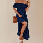 Square Neck Puff Short Sleeve Smocked Boho Maxi Dress Casual Flowy A Line Vacation Long Dress
