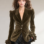 Solid Color Lapel Ruffled Single-breasted Velvet Blazer