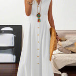 V Neck Lapel Button Down Maxi Dress Sleeveless Casual Beach Long A Line Shirt Sundress