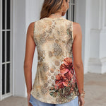 Nadorine Tank Tops Pleated V Neck Floral Solid Loose Fit Tops