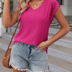 Nadorine V Neck Eyelet T Shirts Cap Sleeve Tops