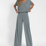 Nadorine Casual Two Pieces Set Short Sleeve V neck Tops and Wide Leg Long Pants