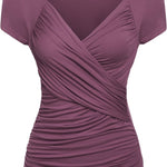 Nadorine Cross-Front V Neck Ruched Short Sleeve Blouses