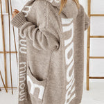 Long Elegant Stripe Cardigan Wool Long Sleeve Hooded Letter Knitted Coat