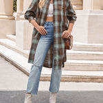 Nadorine Plaid Longline Button-Up Shacket Lapel Neck Long Sleeve Shirt Pocket