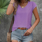 Nadorine V Neck Eyelet T Shirts Cap Sleeve Tops