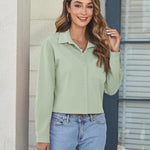 Nadorine Cropped Button Down Shirts Long Sleeve V Neck Solid Tops