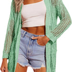 Nadorine Women 2024 Lightweight Crochet Cardigan Long Sleeve Open Front Knit Sweater Summer Kimono Cover Up with Pockets