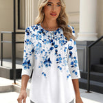 Nadorine 3/4 Length Sleeve Tops Loose Fit Shirts Pleated Tunics