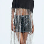 New Level Shiny Tassel Stand Neck Crop Cape Blouse