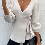 Sexy V Neck Balloon Sleeve Ribbed Wrap Knit Pullover Sweater