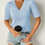 Nadorine Short Sleeve Sweaters Soft Casual V Neck Pullover Tops