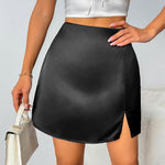 Nadorine Satin Silk High Waisted Split Slit Hem Aline Zipper Party Short Skirt