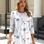 Nadorine 3/4 Length Sleeve Tops Loose Fit Shirts Pleated Tunics