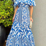 Irene Bohemian Print Off The Shoulder Belted Ruffle Maxi Dress
