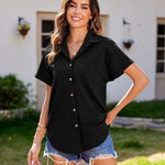 Nadorine Linen Shirts Cotton Short Sleeve V Neck Button Down Blouses