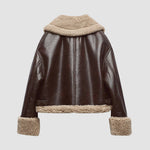 Insulated Faux Leather Jacket with Lapel Collar and Fur Sleeves
