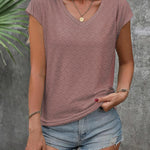 Nadorine V Neck Eyelet T Shirts Cap Sleeve Tops