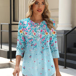 Nadorine 3/4 Length Sleeve Tops Loose Fit Shirts Pleated Tunics