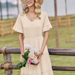 Nadorine Damen Elegant V-Ausschnitt Kleider A Linie Kurzarm Freizeitkleid (DE Only)