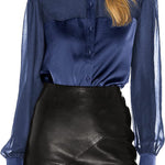 Womens V Neck Button Down Shirts Satin Silk Blouse Mesh Long Sleeve Casual Work Tops - Nadorine (Us Only)