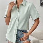 Nadorine Button Down Blouse Rolled Cuffed Short Sleeve Shirts