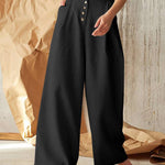 Solid Color High Waist Casual Button Wide Leg Pant