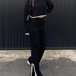 Knit Two Piece Outfit Color Block Cropped Top Long Pants Ribbed Sweater Set