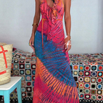 Tie-dye Print Ruffle Neck Halter Lace-up Backless Stretch Maxi Dress