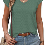 Nadorine V Neck Eyelet T Shirts Cap Sleeve Tops