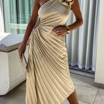 Romantic Nights Satin Raised Flower Elastic Cutout One Shoulder Pleated Maxi Dress