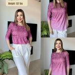 Nadorine 3/4 Length Sleeve Tops Loose Fit Shirts Pleated Tunics