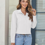Nadorine Cropped Button Down Shirts Long Sleeve V Neck Solid Tops