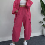 Nadorine Women's Casual Loungewear Set Solid Color Loose Long Sleeve Kimono Cardigan and Pants