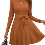 Nadorine Women's Casual Dress Tie Waist Fall Ribbed Dress