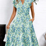 Nadorine Casual Ruffle Sleeve V Neck Midi Dress