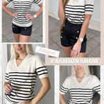 Nadorine Short Sleeve Sweaters Soft Casual V Neck Pullover Tops
