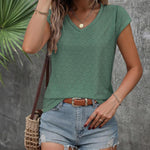 Nadorine V Neck Eyelet T Shirts Cap Sleeve Tops