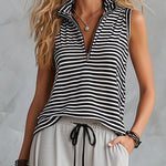 Sporty Retro Black And White Striped Half-Zip Sleeveless T-Shirt And Wide-Leg Pants Set