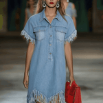 Casual Loose Vintage Denim Short Sleeve Shirt Tassel Mini Dress