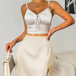Nadorine Satin Silk High Waisted Split Slit Hem Aline Zipper Party Short Skirt
