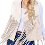 Women Faux Leather Vest Lapel Sleeveless Drape Tassel Open Front PU Fringe Jacket S-XXL - Nadorine (Us Only)