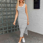 Nadorine Striped Knit Dress Casual Bodycon Side Slit Sundress