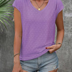 Nadorine V Neck Eyelet T Shirts Cap Sleeve Tops